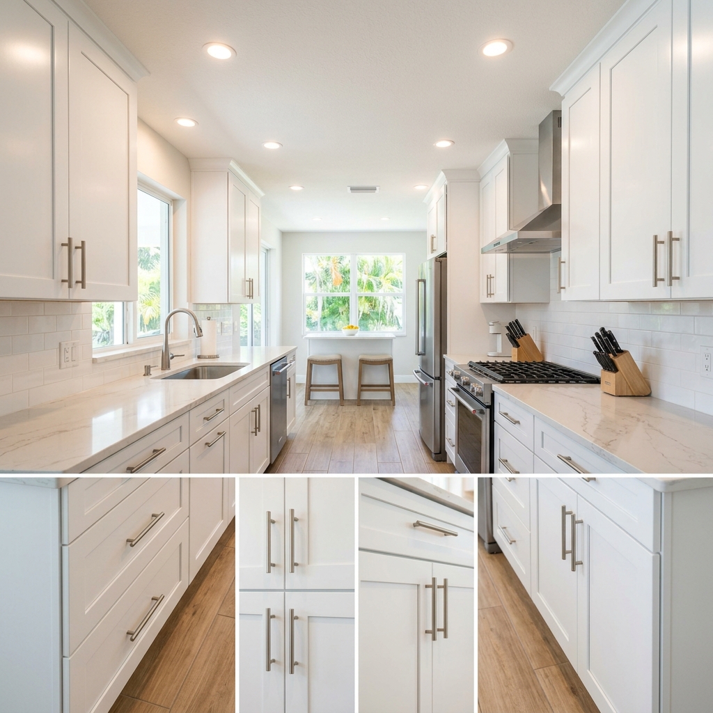 Vero Beach kitchen AFTER cabinet painting by L & L — factory-smooth white HVLP finish on all cabinet doors