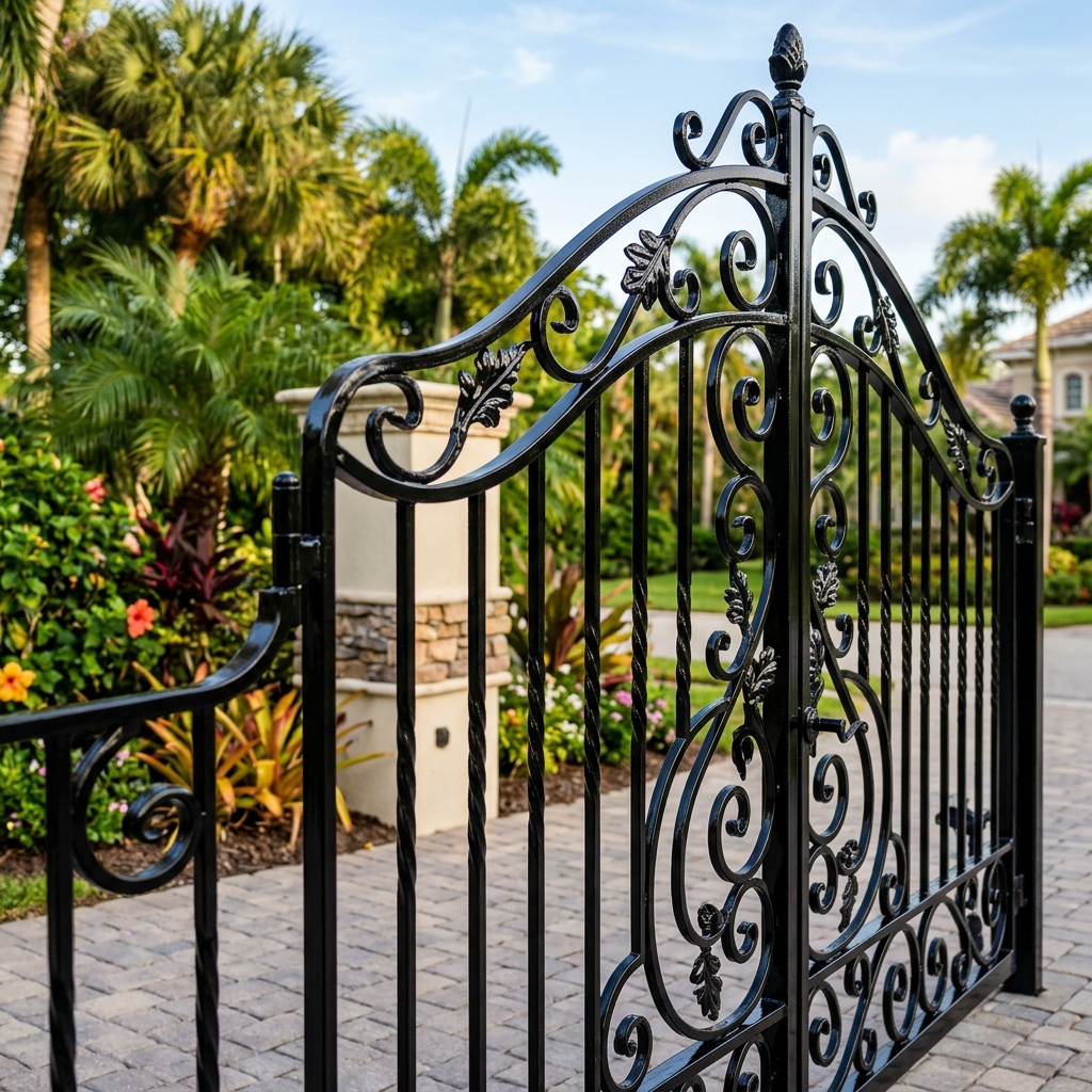 Jupiter wrought iron driveway gate AFTER electrostatic refinishing by L & L — glossy deep black flawless finish