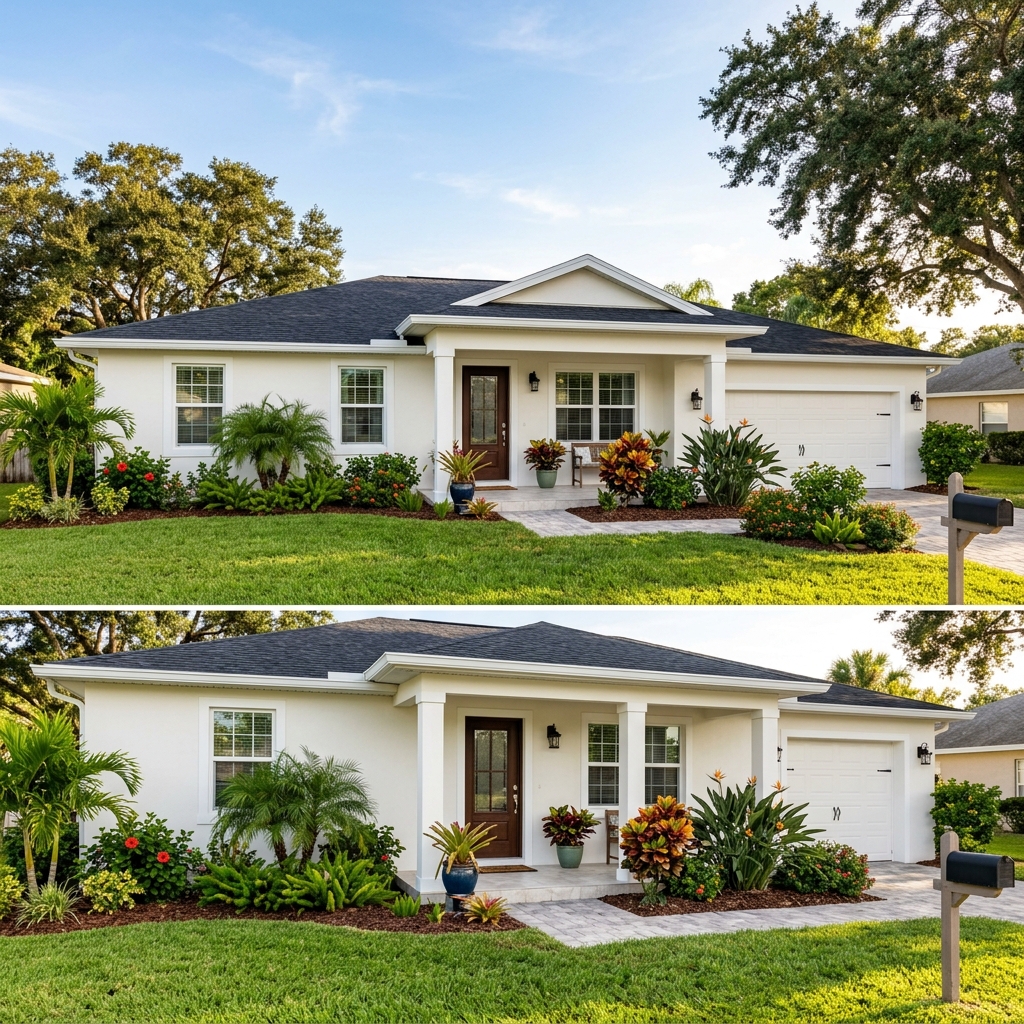 Fort Pierce home exterior AFTER L & L Professional Painting stucco repaint — fresh Sherwin-Williams elastomeric coating
