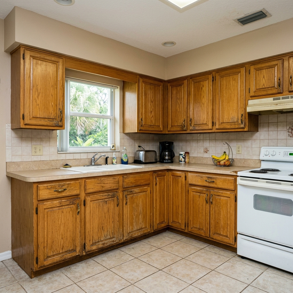 Vero Beach kitchen BEFORE cabinet painting — dated honey-oak finish with worn edges