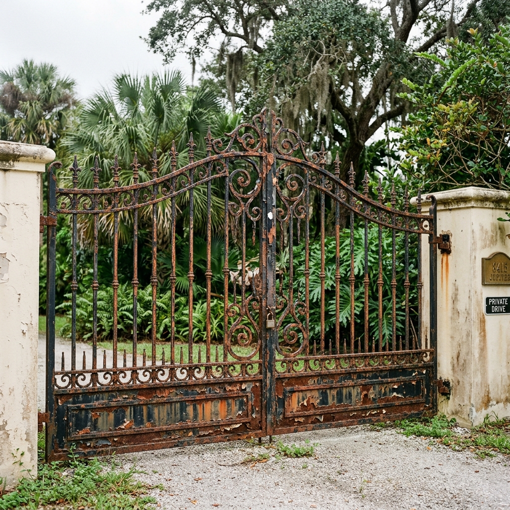 Jupiter wrought iron gate BEFORE refinishing — heavily rusted with peeling paint