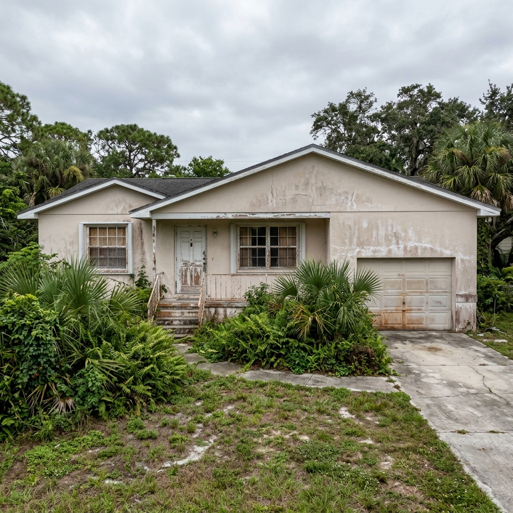 Fort Pierce home exterior BEFORE painting — chalky cracked stucco with salt-air weathering